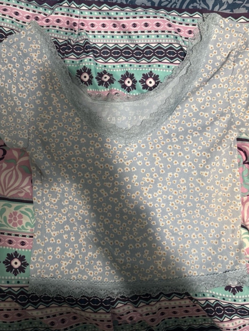 Aeropostale Light Mint Floral Lace-Trim Crop Top